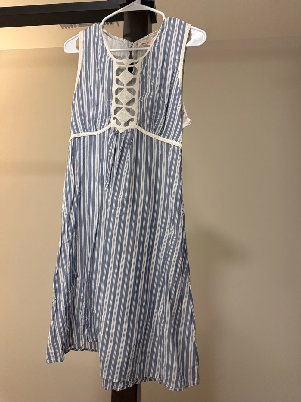 Blue & White Striped Summer Dress with Lace Trim